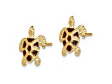 14k Yellow Gold Textured Sea Turtle with Brown Enamel Shell Stud Earrings