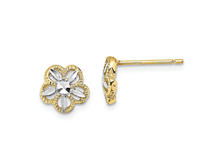 10k Yellow Gold and Rhodium Over 10k Yellow Gold 7.9mm Diamond-Cut Flower Stud Earrings