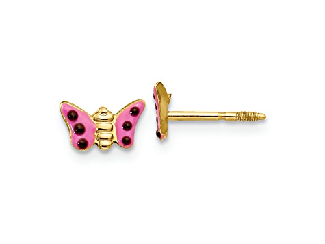 14K Yellow Gold Pink Enameled Butterfly Earrings