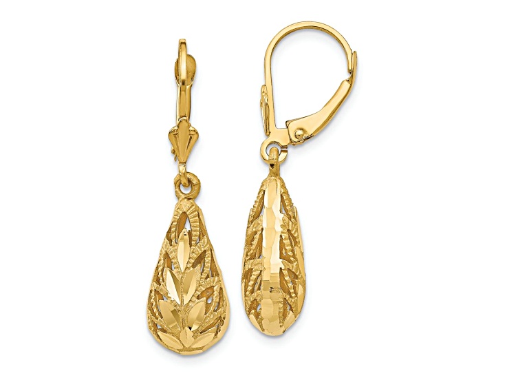14k Yellow Gold Polished, Satin and Diamond-Cut Teardrop Dangle Earrings