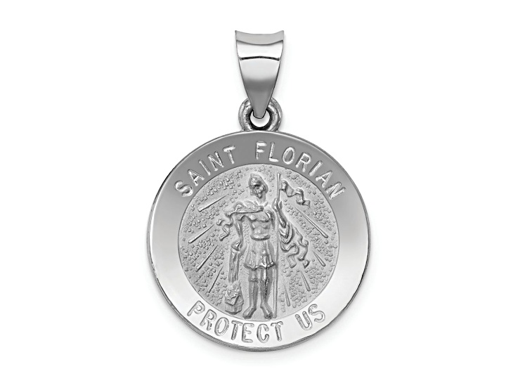 Rhodium Over 14k White Gold Polished and Satin St. Florian Medal Pendant