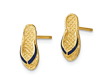 14k Yellow Gold Textured and Blue Enamel 3D Single Flip-Flop Stud Earrings