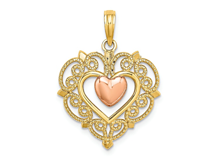 14K Two-tone Gold Textured Heart with Lace Trim Charm