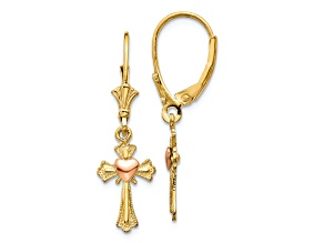 10k Yellow Gold and 10k Rose Gold Textured Heart on Cross Dangle Earrings
