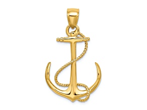 14k Yellow Gold 3D Polished and Textured Anchor with Rope Charm