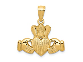 14k Yellow Gold Claddagh Pendant with Textured Crown