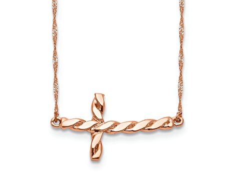14K Rose Gold Polished Twisted Sideways Cross 17-inch Necklace