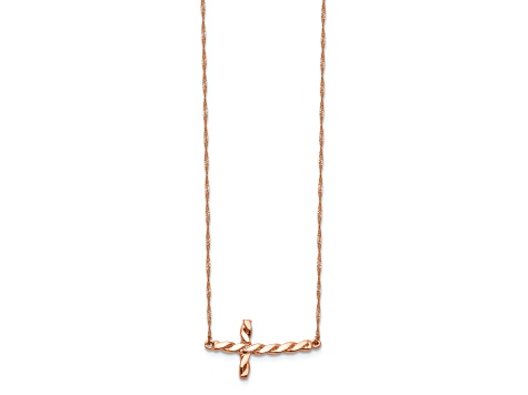 14K Rose Gold Polished Twisted Sideways Cross 17-inch Necklace