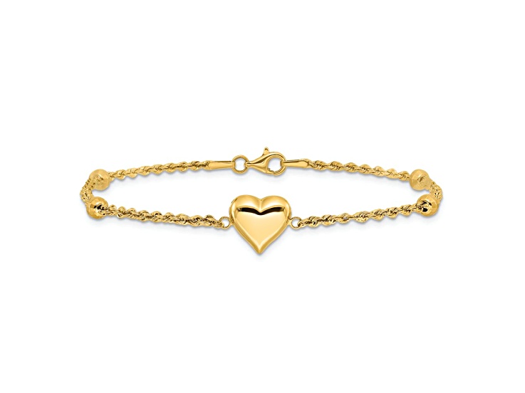 14k Yellow Gold Polished and Diamond-Cut Beaded Puffed Heart Bracelet