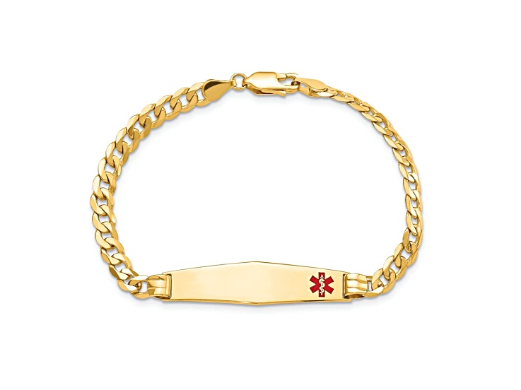 14k Yellow Gold Medical Soft Diamond Shape Red Enamel Curb Link ID Bracelet