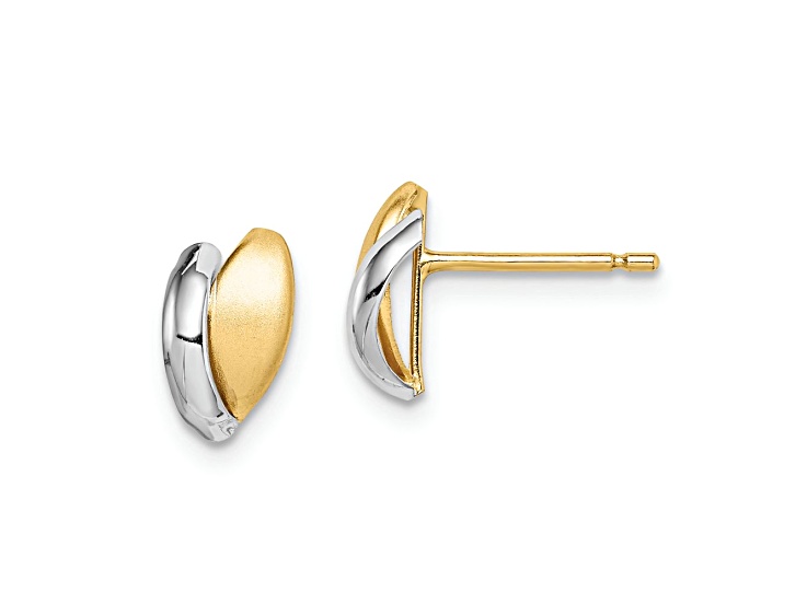 14k Yellow Gold and Rhodium Over 14k Yellow Gold Children's Satin Leaf Stud Earrings