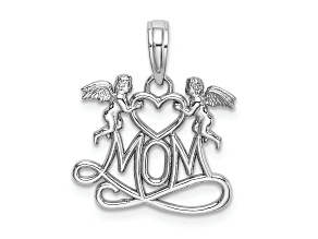 Rhodium Over 14k White Gold Mom with 2 Angels Holding Heart Charm