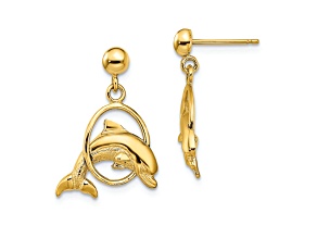 14k Yellow Gold 2D Polished Dolphin Jumping Through Hoop Earrings