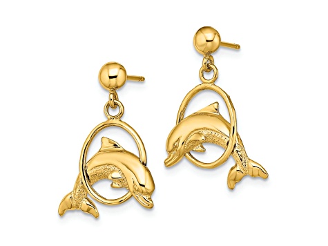 14k Yellow Gold 2D Polished Dolphin Jumping Through Hoop Earrings