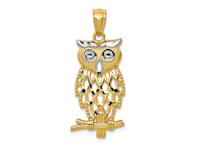 14K Two-tone Gold Rhodium Diamond-cut Owl Pendant