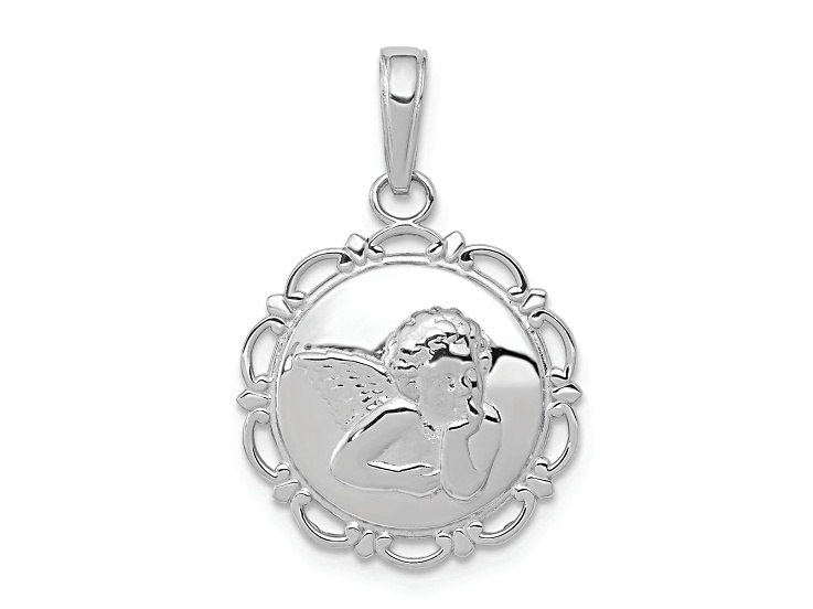 Rhodium Over 14k White Gold Polished Angel Cherub on Round Scallop Frame Pendant