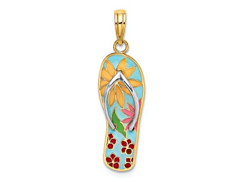 Picture of 14K Yellow Gold with White Rhodium Multi-Colored 3D Enamel Fuschia Flowers On Flip-Flop Charm