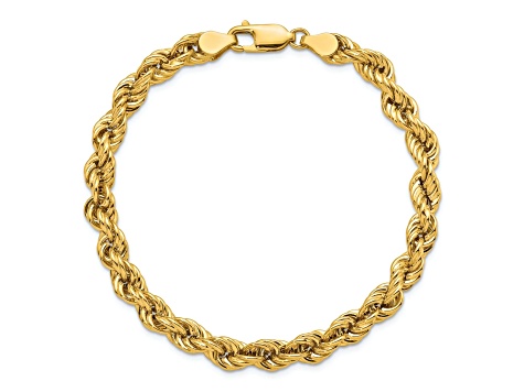 14K Yellow Gold 6mm Hollow Rope 8 Inch Bracelet