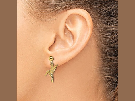 14k Yellow Gold Textured Hummingbird Dangle Earrings