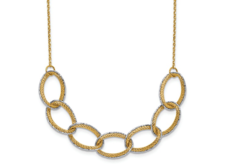 14k Yellow Gold and 14k White Gold Textured Diamond-Cut Oval Pendant Cable Link 17 Inch Necklace