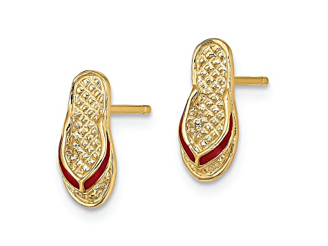 14k Yellow Gold Textured 3D Red Enamel Flip-Flop Stud Earrings