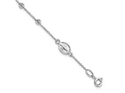 Rhodium Over 14K White Gold Diamond-cut Cross and Miraculous Medal 0.75 Inch Extension Bracelet