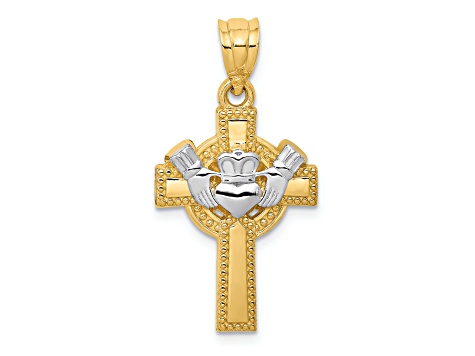 14K Yellow Gold with White Rhodium Accent Claddagh Cross Pendant