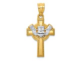 14K Yellow Gold with White Rhodium Accent Claddagh Cross Pendant