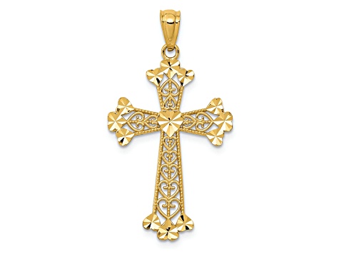 14K Yellow Gold Diamond-cut Polished Filigree Hearts Cross Pendant
