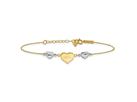 14k Two-tone Gold Puffed Love Heart and Diamond-Cut Hearts Bracelet