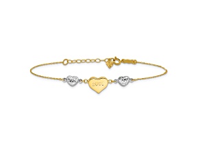 14k Two-tone Gold Puffed Love Heart and Diamond-Cut Hearts Bracelet