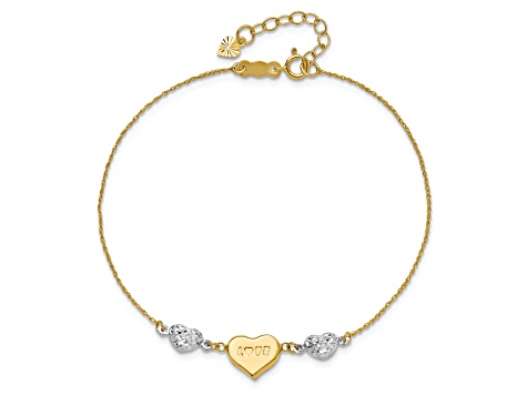 14k Two-tone Gold Puffed Love Heart and Diamond-Cut Hearts Bracelet