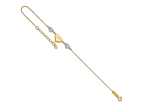 14k Two-tone Gold Puffed Love Heart and Diamond-Cut Hearts Bracelet