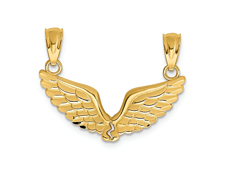 14k Yellow Gold Polished and Textured 2-Piece Break-Apart Angel Wings Pendants
