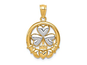 14k Yellow Gold and Rhodium Over 14k Yellow Gold Shamrock and Claddagh Pendant
