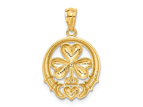 14k Yellow Gold and Rhodium Over 14k Yellow Gold Shamrock and Claddagh Pendant