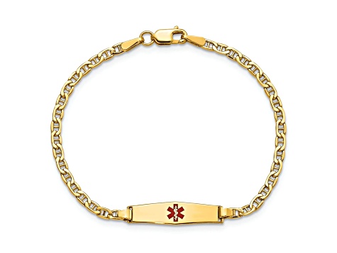 14k Yellow Gold Medical Soft Diamond Shape Red Enamel Mariner Link ID Bracelet