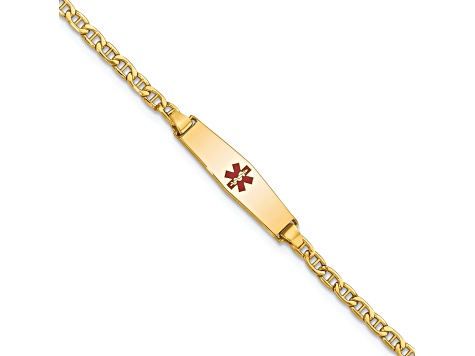 14k Yellow Gold Medical Soft Diamond Shape Red Enamel Mariner Link ID Bracelet