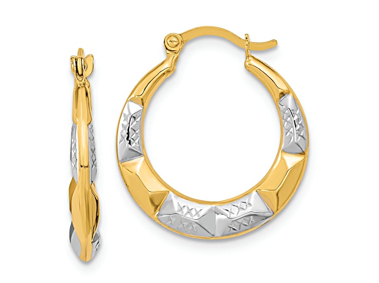 10k Yellow Gold and Rhodium Over 10k Yellow Gold 3/4" Hoop Earrings