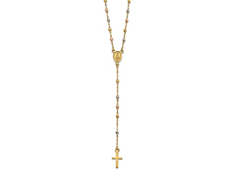 14K Yellow, White and Rose Gold Beaded Rosary 17-inch with 3-inch Extension