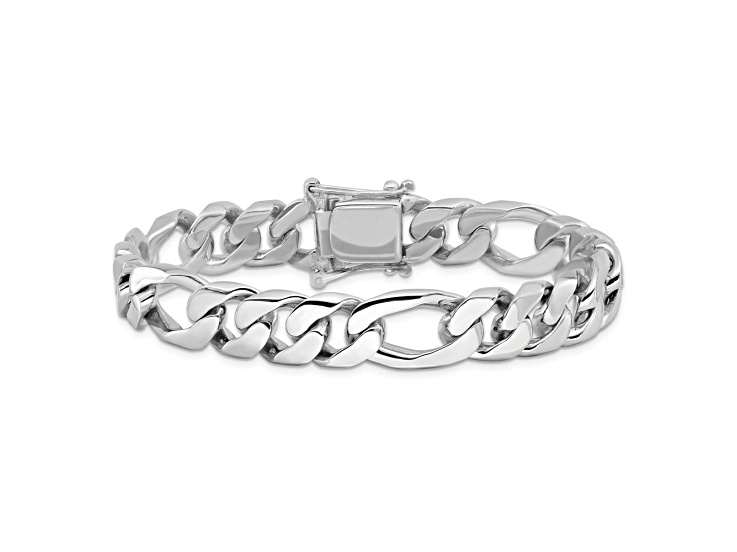 Rhodium Over 14k White Gold 10mm Hand-Polished Figaro Link Bracelet