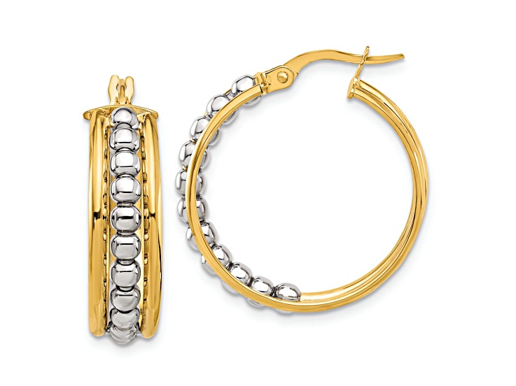 14k Yellow Gold and 14k White Gold Polished and Beaded 1" Hoop Earrings