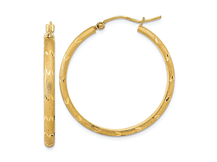 14k Yellow Gold 1 1/4" Polished Satin and Diamond-Cut Hoop Earrings