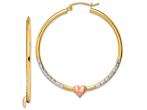 10k Yellow Gold and 10k Rose Gold with Rhodium Over 10k Yellow Gold 1 3/4" Heart Hoop Earrings