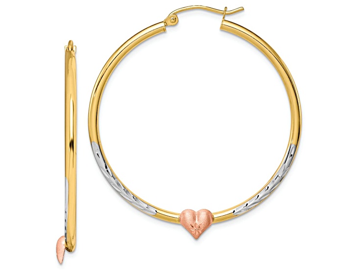 10k Yellow Gold and 10k Rose Gold with Rhodium Over 10k Yellow Gold 1 3/4" Heart Hoop Earrings