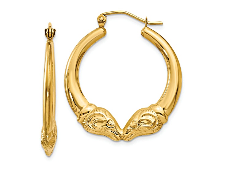 14k Yellow Gold Polished and Textured 1" Ram Hoop Earrings