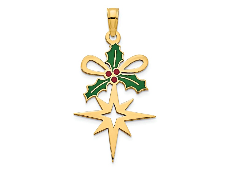 14k Yellow Gold Polished Epoxy Holly and North Star Pendant