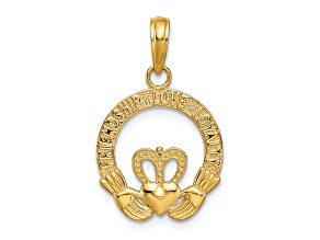 14k Yellow Gold Satin, Textured and Diamond-Cut Claddagh Pendant