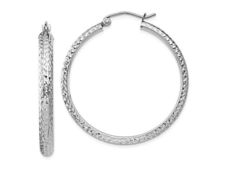 Rhodium Over 14k White Gold Diamond-Cut 1 5/16" Hoop Earrings