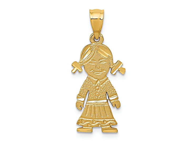 14k Yellow Gold Satin Diamond-Cut Girl Charm